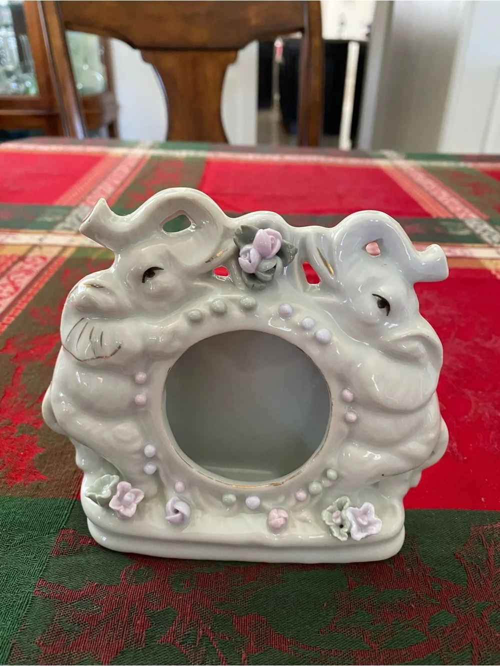 Vintage Loving Elephants White Ceramic Photo Frame with Pink Accent Flowers 5”